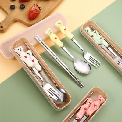 Korean Cute Cartoon Portable Ceramic Handle Stainless Steel Chopsticks Spoon Set Tableware Home Bento Breakfast