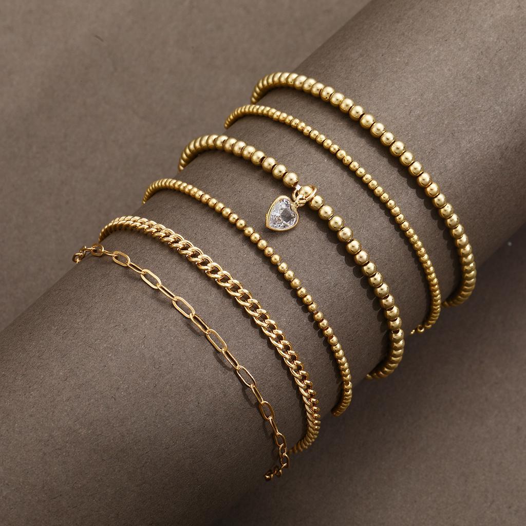 6pcs Gold Color Heart Crystal Beaded Bracelet Set For Women Vintage Minimalist Stretch Bead Ball Bracelets Daily Jewelry Gifts
