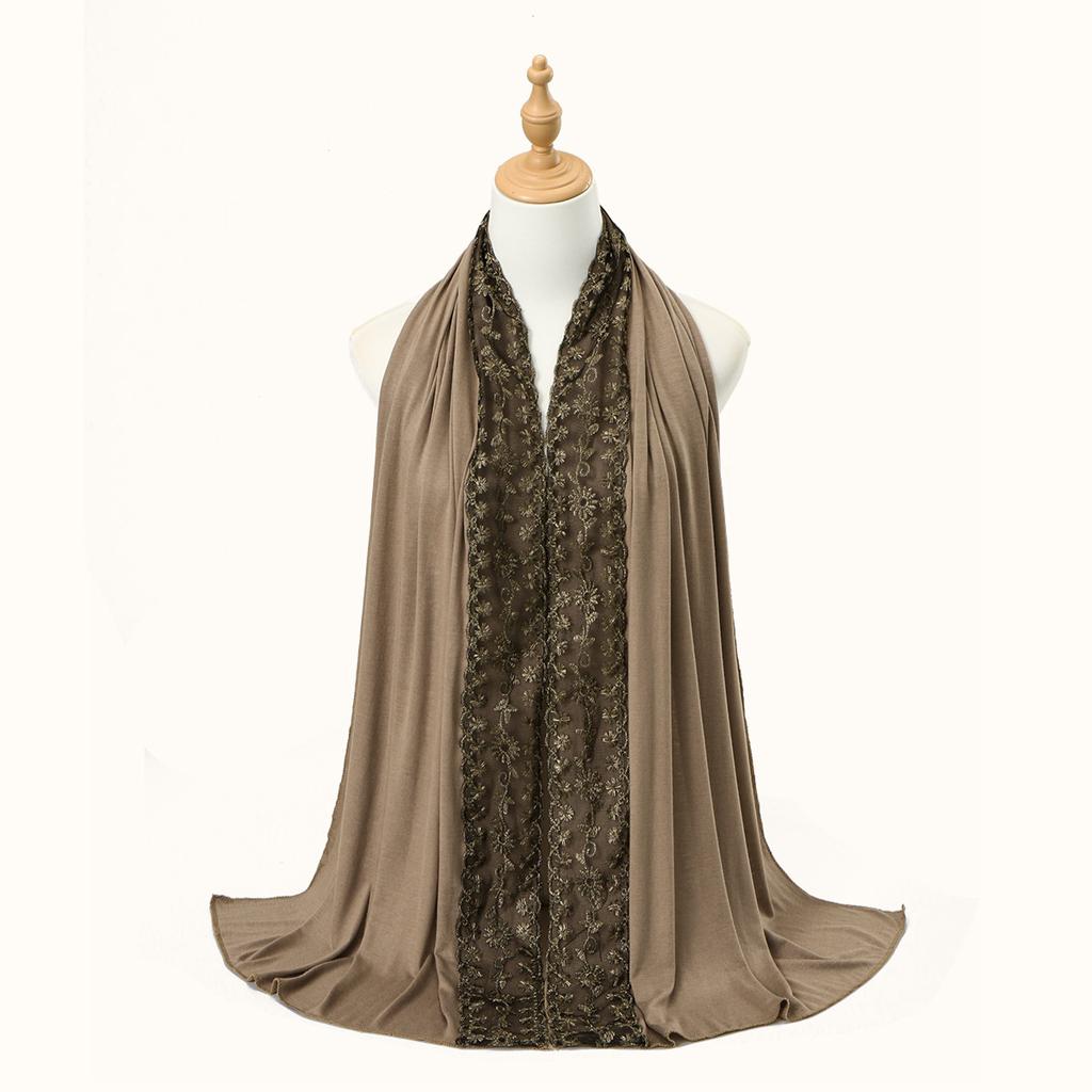 Premium Lace Jersey Hijab Scarf For Women Muslim Embroidered Flowers Hijabs Long Shawl Wraps Headband Scarves Muffler 170*60Cm