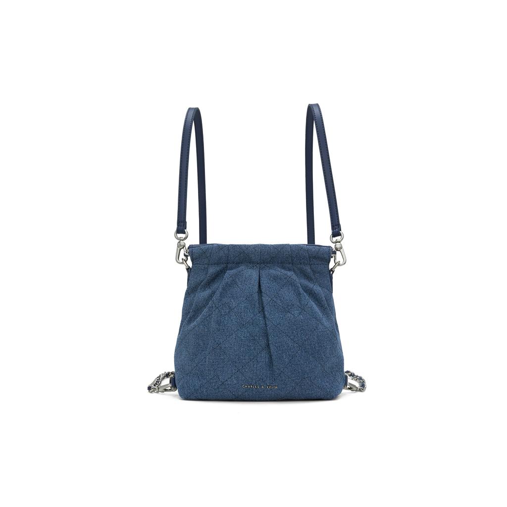 New CHARLES&KEITH PU, Textile Mixture Backpack Shoulder Bag Small Women's Dark Denim Blue CK2-60782390-1