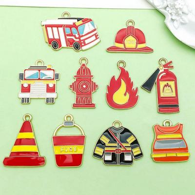 10-Color Enamel Fire Truck & Flame Pendant Charms for DIY Jewelry