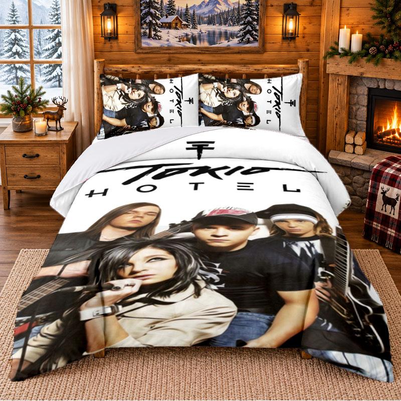 Tokio Hotel Pattern Bedding 3Pcs Set Bed Sheet And Pillowcases For Indoor Bedroom