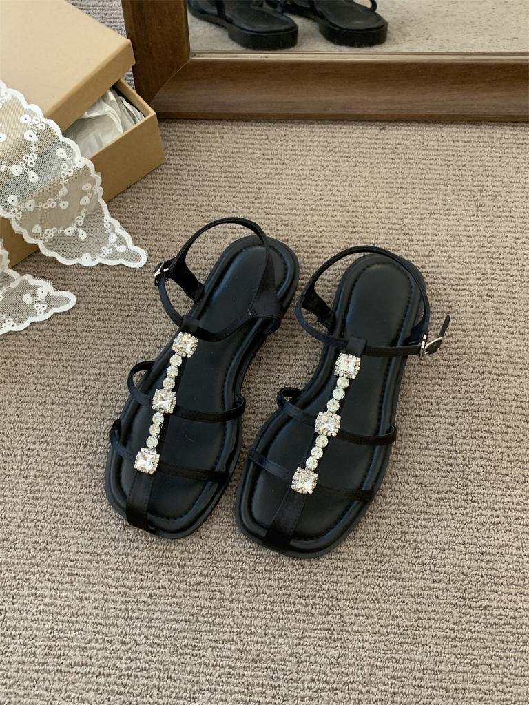 Narrow Band Ladies Casual Heeled Sandals Women's Black Beach New Summer 2025 Low Heel Outdoor Dress Gladiator Shoes