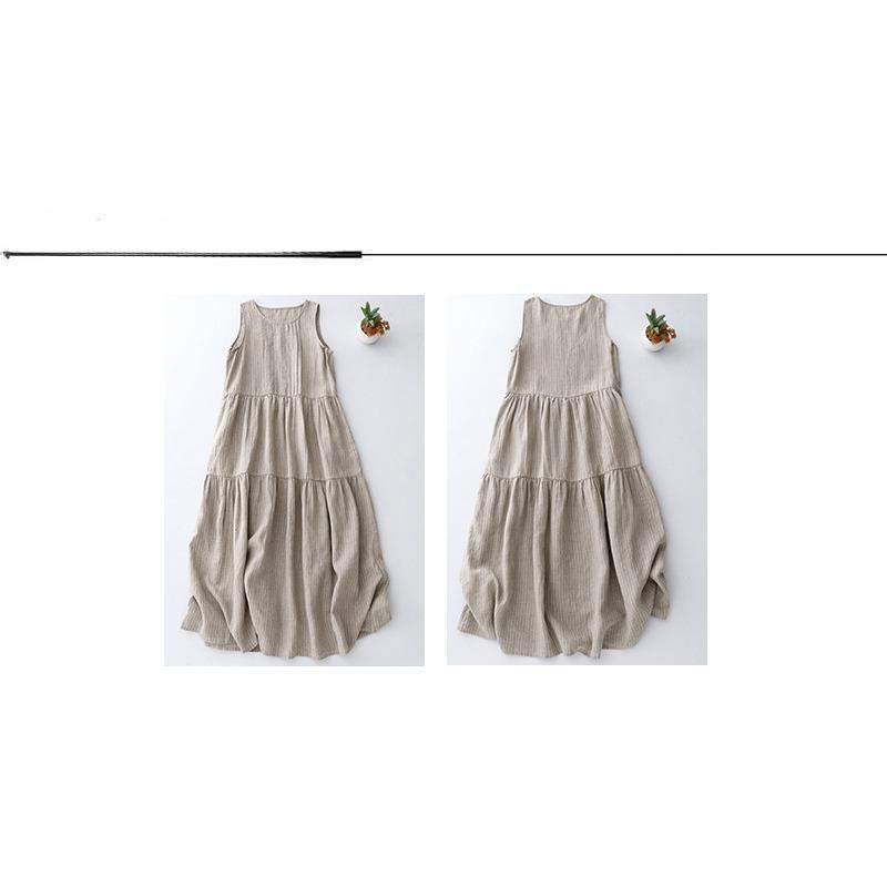 Plain Striped Loose Plus Size Women's New Pressed Pleated Literary Vest Dress