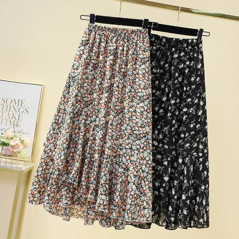 Rock für Damen Lässig Vielseitig Elastisch Hoch Blumenmuster Taille Lang Locker Unregelmäßig A-Linie Dehnbar Schlank Rock