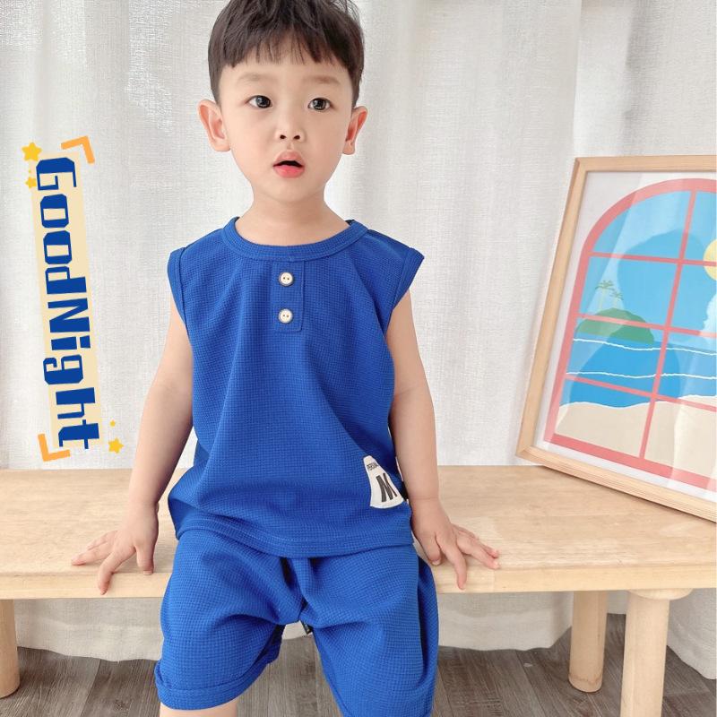 Modisches 2-teiliges Waffelstrick-Outfit für Kinder Ärmelloses Henley-Tanktop & Shorts Set 80cm blau