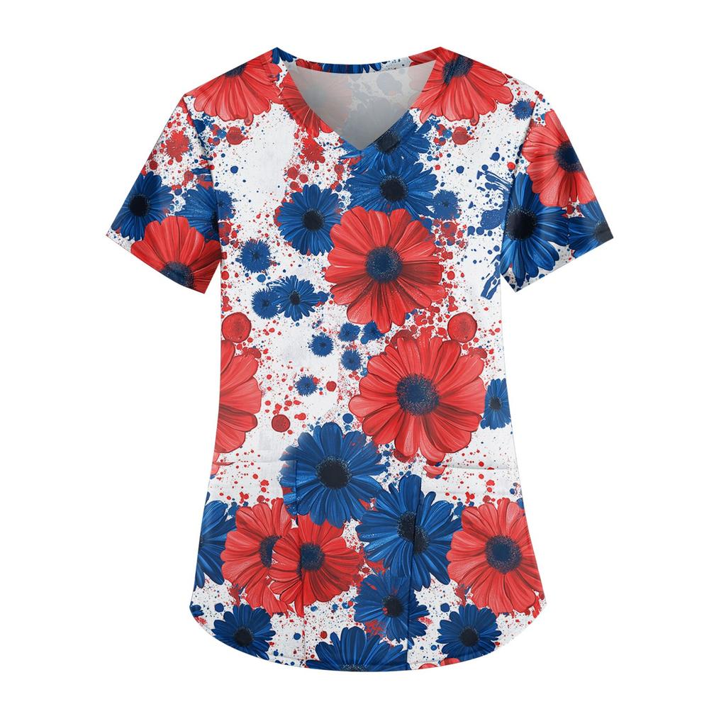 Damska odzież robocza z nadrukiem na Dzień Niepodległości, dekolt V, podwójna warstwa, kieszenie, podstawowy top z krótkim rękawem, bluza