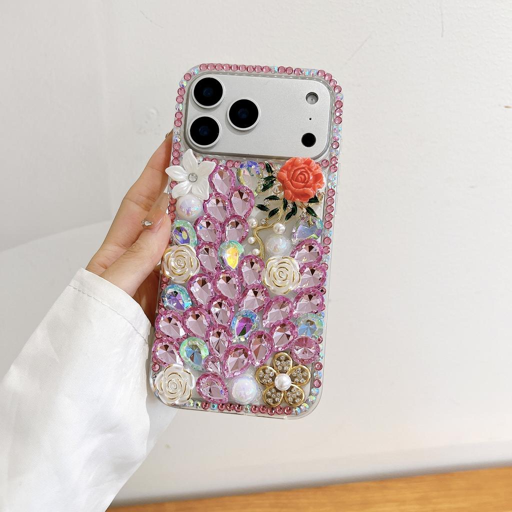 Luxury 3D Bling Rhinestone Floral Phone Case For iPhone 17 16 15 14 13 12 11 Pro Max Air mini 16e 8 7 Plus X XS XR, Crystal Diamond Rose Glitter Cover