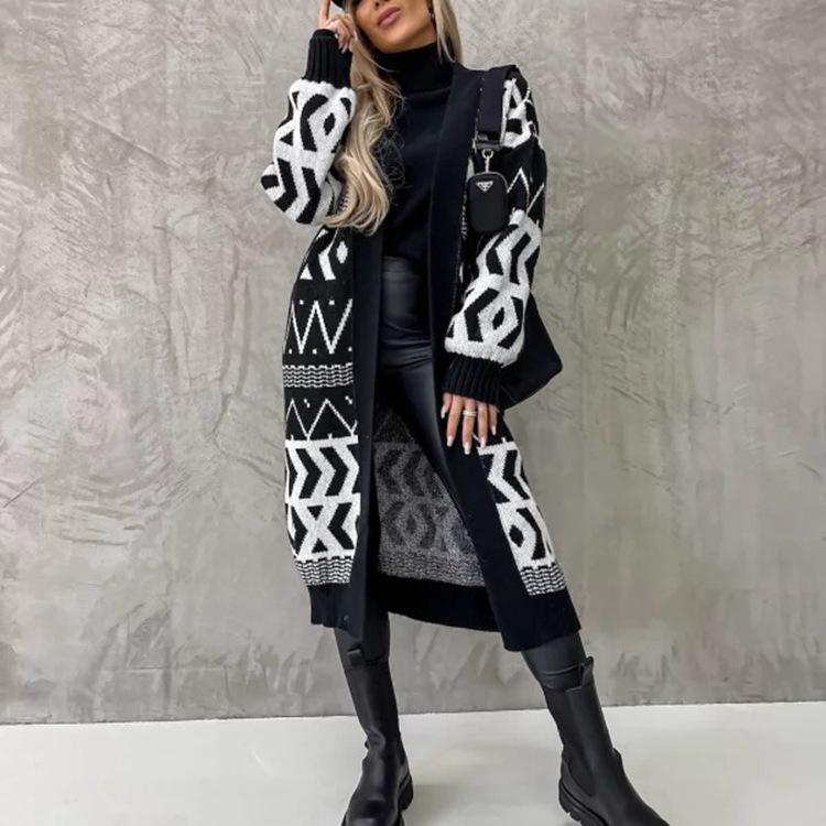 

Женский жаккардовый трикотажный кардиган с V-образным вырезом, свободного кроя, с геометрическим узором - Осень/Зима M чёрный