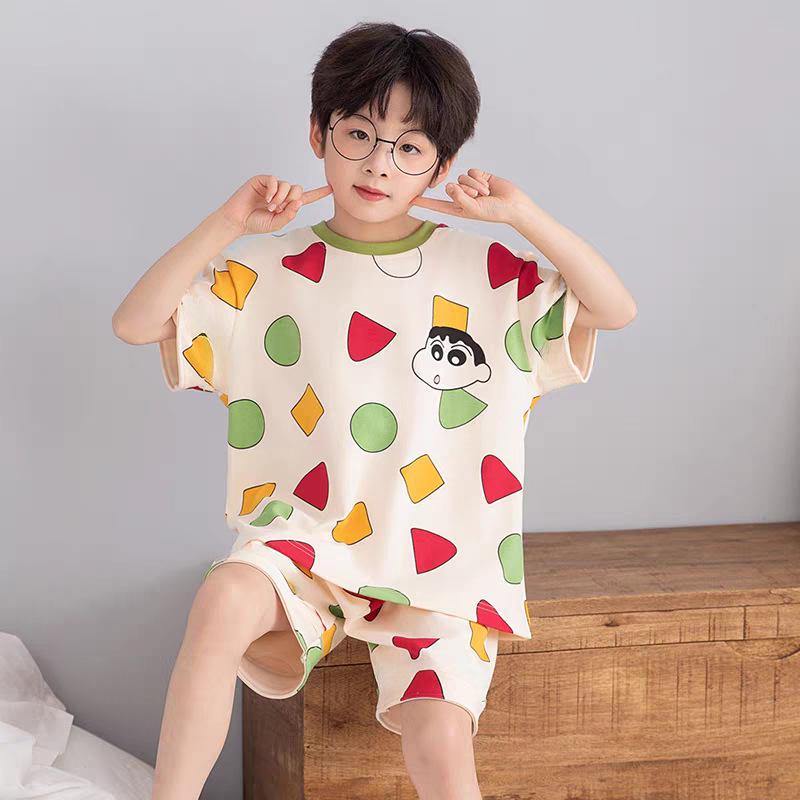 Summer Cartoon Print Boys' Pajama Set - Short Sleeve, Round Neck, Lightweight - For Kids