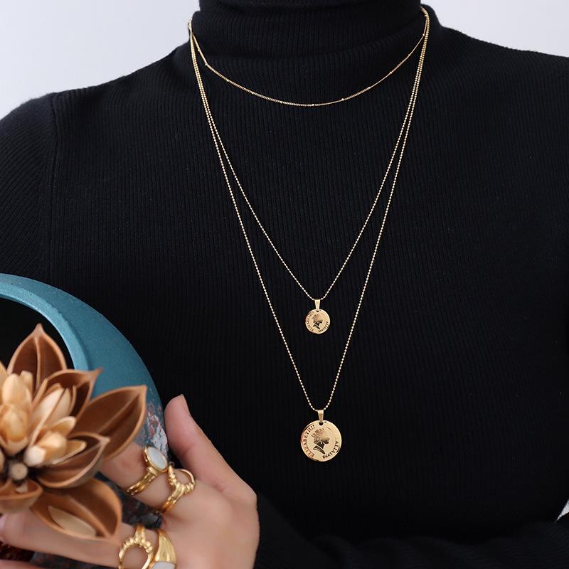 French Retro Style Portrait Beaded Necklace, 18K Gold-Plated Titanium Steel, P508