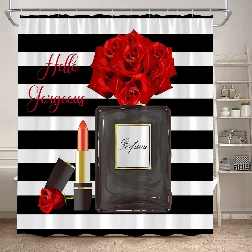 Set Tenda da Doccia Profumo Moda Fiore Rosa Rosa Donna Moderna Ragazza Decorazioni Bagno Casa Tappetino Antiscivolo Tappetino da Bagno Copri Sedile WC