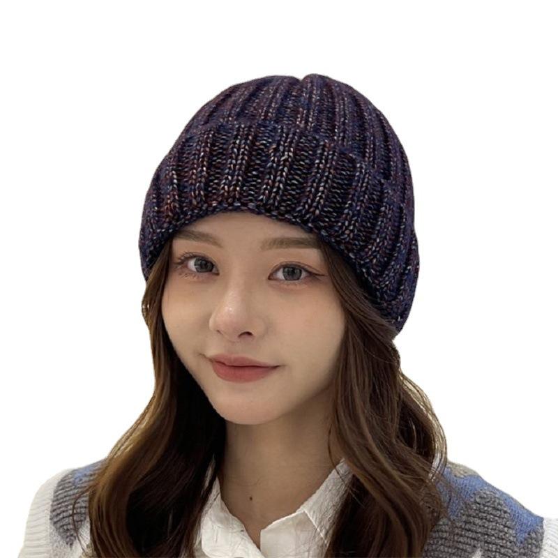 Wool hat Women's tide knitted hat Autumn and winter suitable for round face casual hat Mixed color dome ear protector headgear