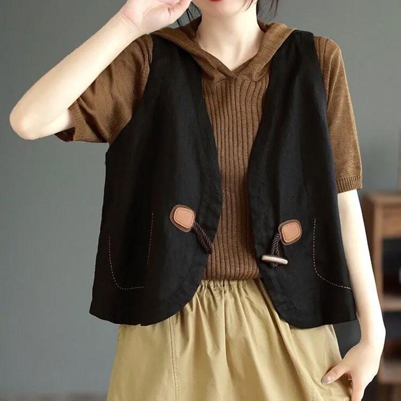 Cotton Vest for Women Linen Sleeveless Vintage Denim Vest Oversize Prints Versatile Casual Buttons Vest