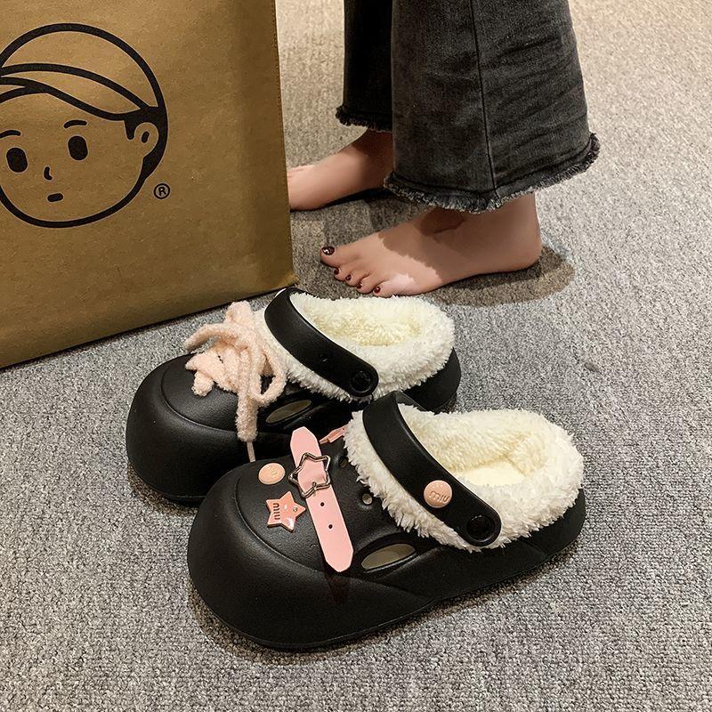 Baogen waterproof indoor warm and velvet two wear hole shoes for home comfort women's cotton slippers 2025 autumn and winter new models