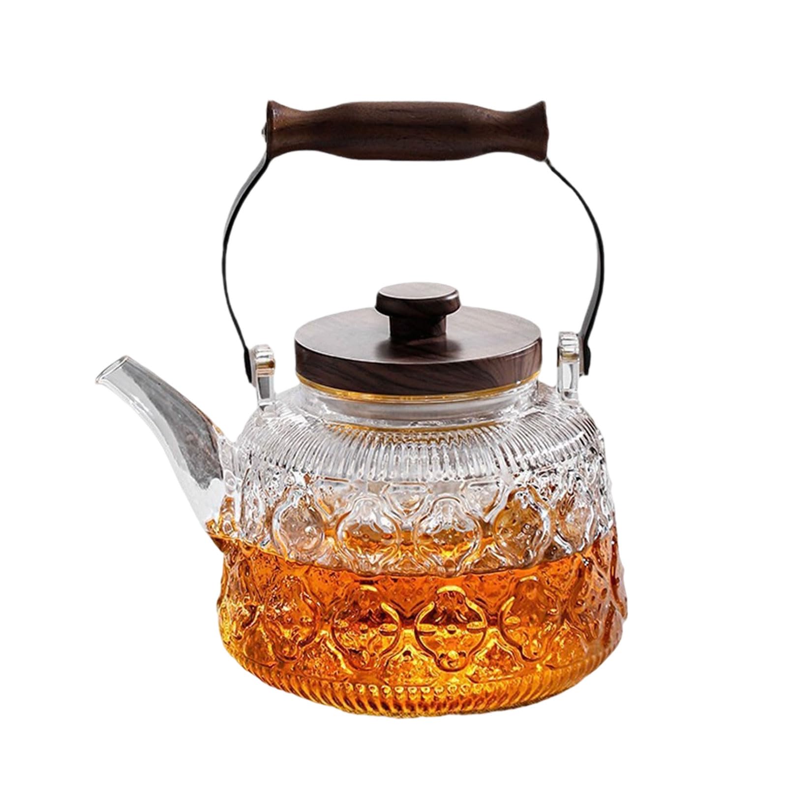 

HARUMAKI [Betia Flower] Teapot, 1000ml, Heat-Resistant Glass, with Strainer, Handmade Glass Pot with Wooden Handle, Jumping Design, Perfect for Fruit