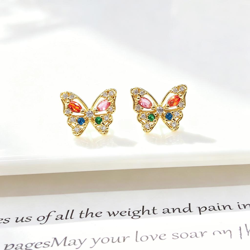 High-Quality Gold Plated Colorful CZ Butterfly Stud Earrings for Women Multi Crystal Cute Animal Earrings Fashion Party Jewelry
