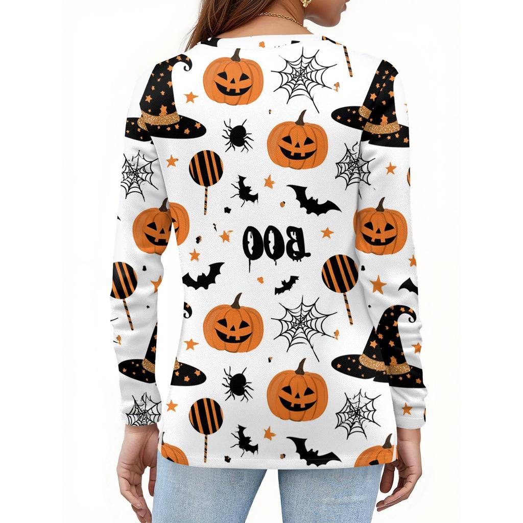 Women's Halloween Print V-Neck Long Sleeve T-Shirt with Button for Casual Holiday Wear