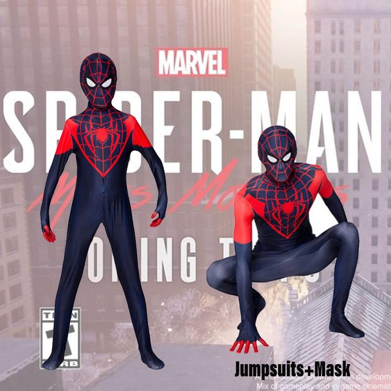 Spider-Man Miles Morales Cosplay-Kostüm für Erwachsene und Kinder, bestehend aus Overall und Kapuze aus Polyesterfaser