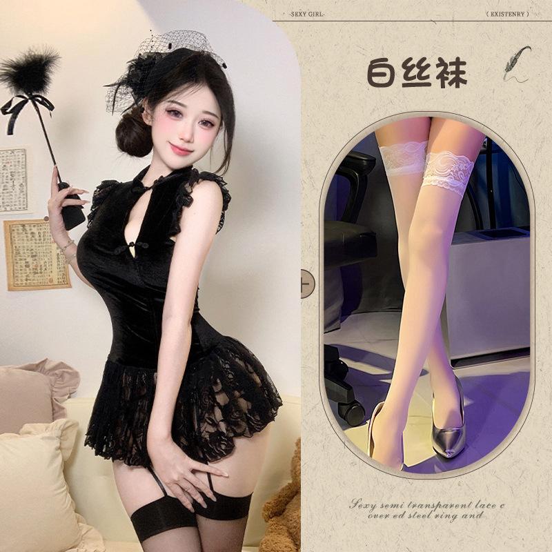 Sexy lingerie retro new Chinese cheongsam sexy velvet lace mesh buckle cheongsam sex nightdress