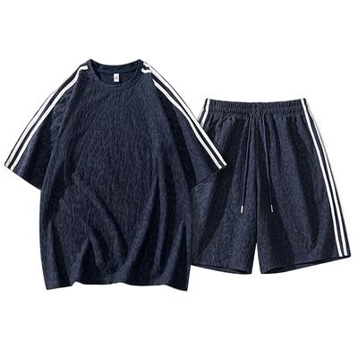 Gestreiftes Revers Kurzärmeliges Herren Sommer Locker Zweiteiliges Set