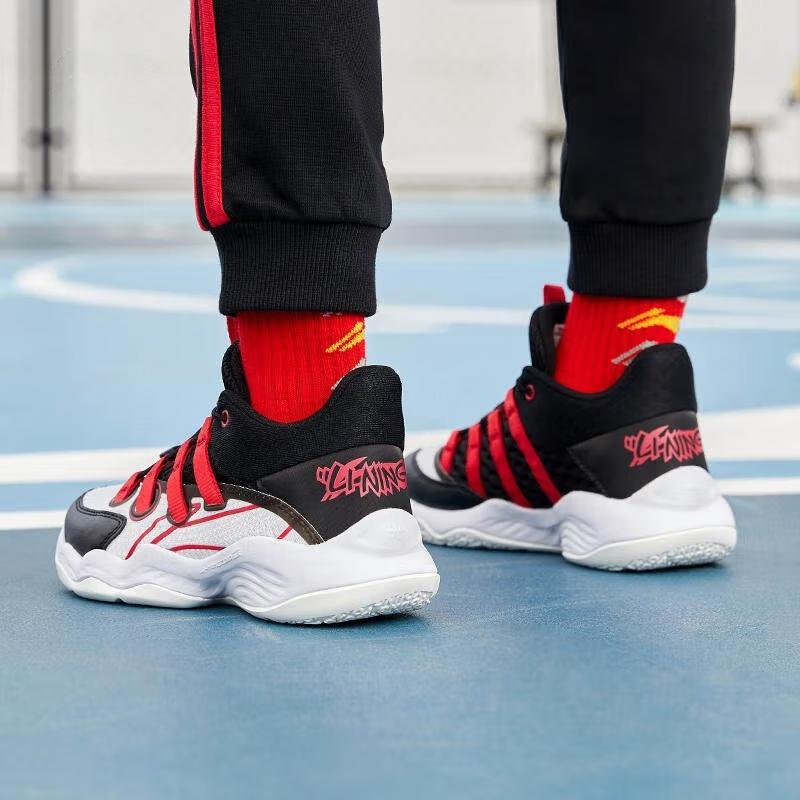 Li Ning Comfortable Daily Non-Slip Shock Absorbing Wear-Resistant Low-Top Basketball Shoes Kids Sneakers White Black YKBS010-1
