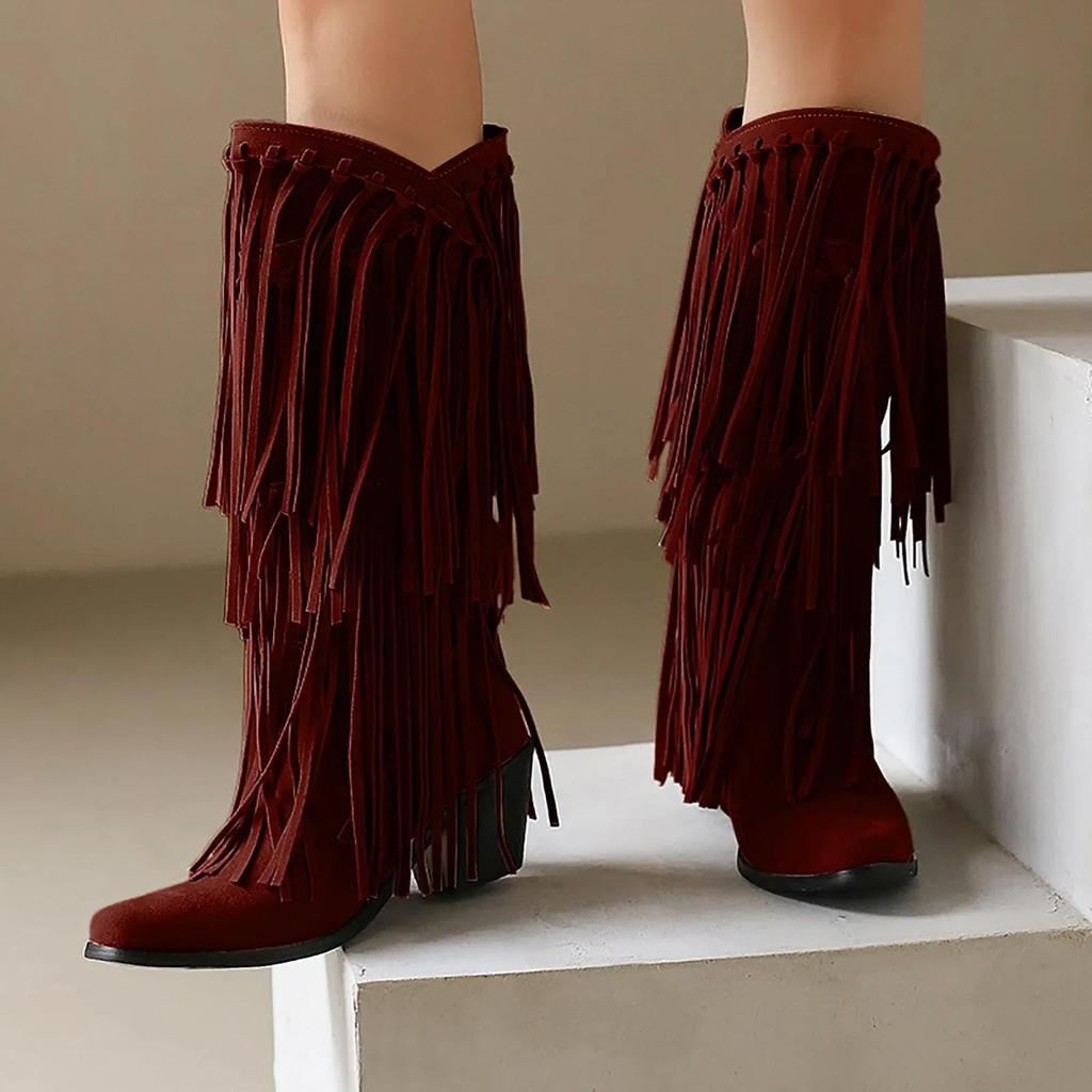 Large Size 45 Women Retro Ethnic Western Cowboy Boots Block Medium Heels Tassel Fringe Kneehigh Boot Lady Winter Shoes