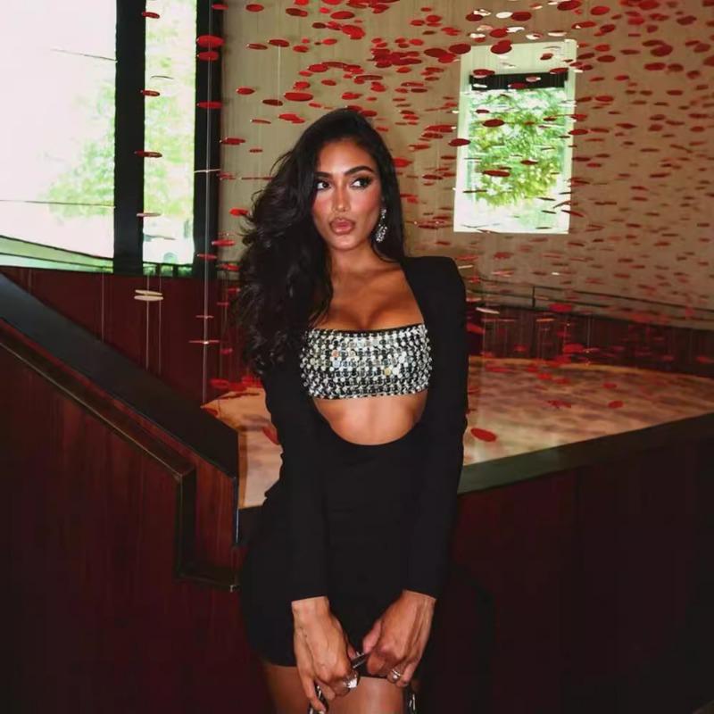 

Женская мода осень сексуальный Hollow Hot Diamond Spice Girls короткий мешок ягодицы платье M чёрный