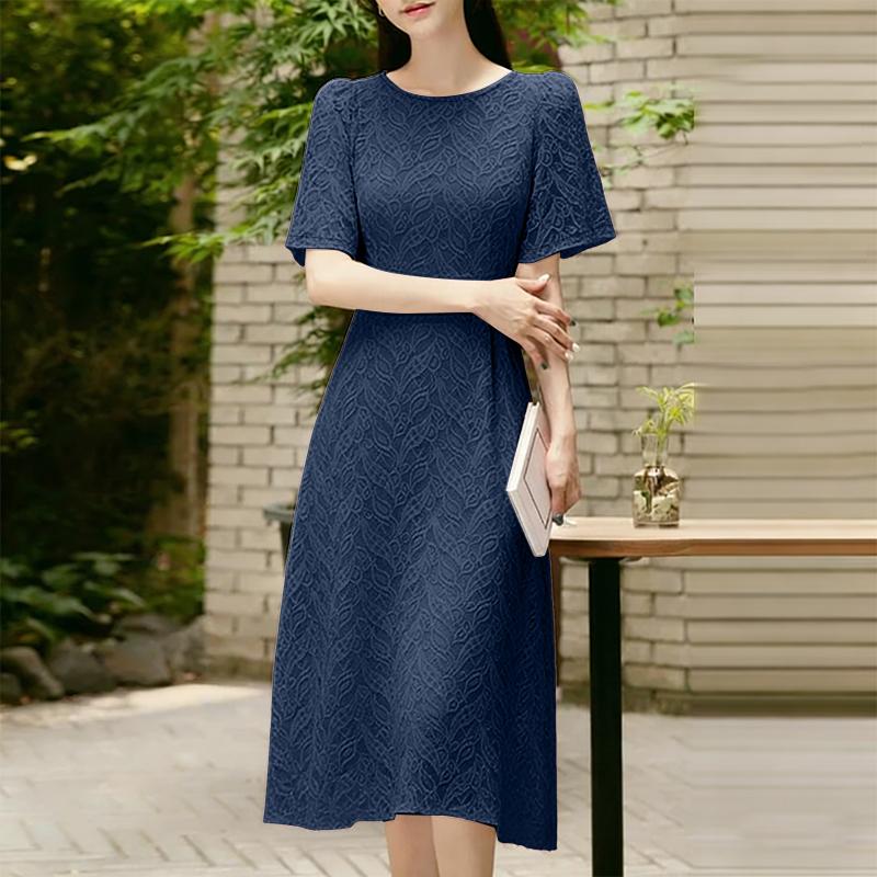 ZANZEA Womens Casual Round Neck Short Sleeve Elegant Lace Patchwork Dress M тёмно-синий
