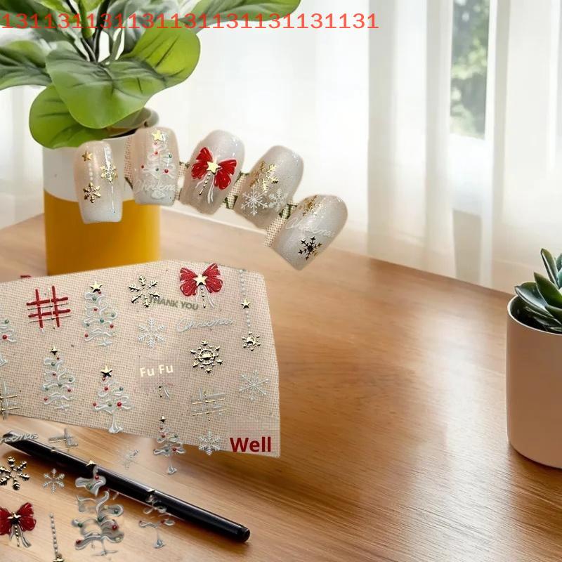 Adorable Xmas Themed White Tree Nail Art Stickers with Snowflake and Red Bows Embossed Print for Festive Nails