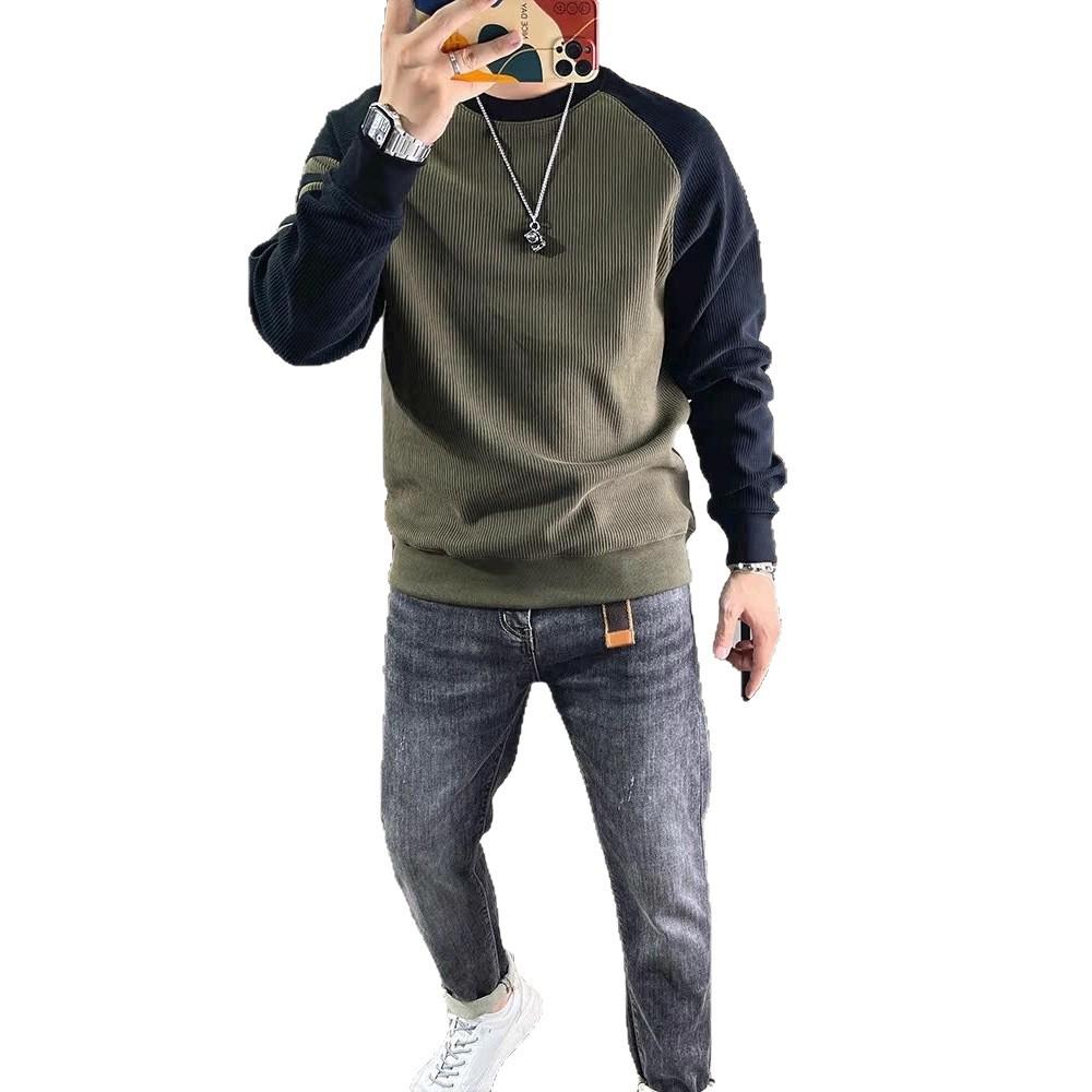 Contrast Color Round Neck Pullover Bottoming Shirt American Retro Splicing Shoulder Long Sleeve Sweater Men's Autumn Wear