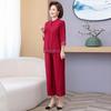 Elegant Retro Chinese Summer Outfit: Wide-Legged Cardigan Two-Piece Set for Flattering Style in Middle-Aged and Elderly Women.
