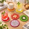 6 Pieces Wooden Heat Insulation Pad Fruit Pattern Non-Slip Tableware Mat Round Cup Mat  Table Decor