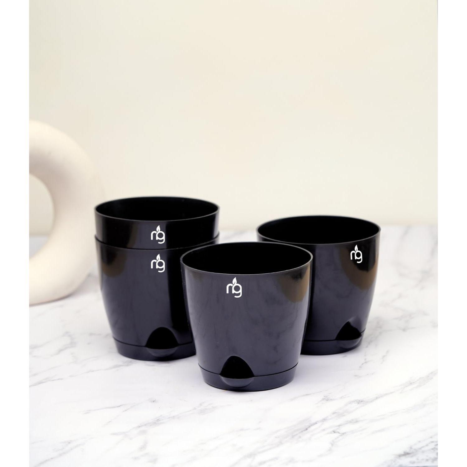 

Combo of 4 Black Self Watering Plastic Pots with Glossy Finish (Size: 4.5IN * 4.33IN) | Low Maintenance Pots for Indoor, Balcony & Garden Décor