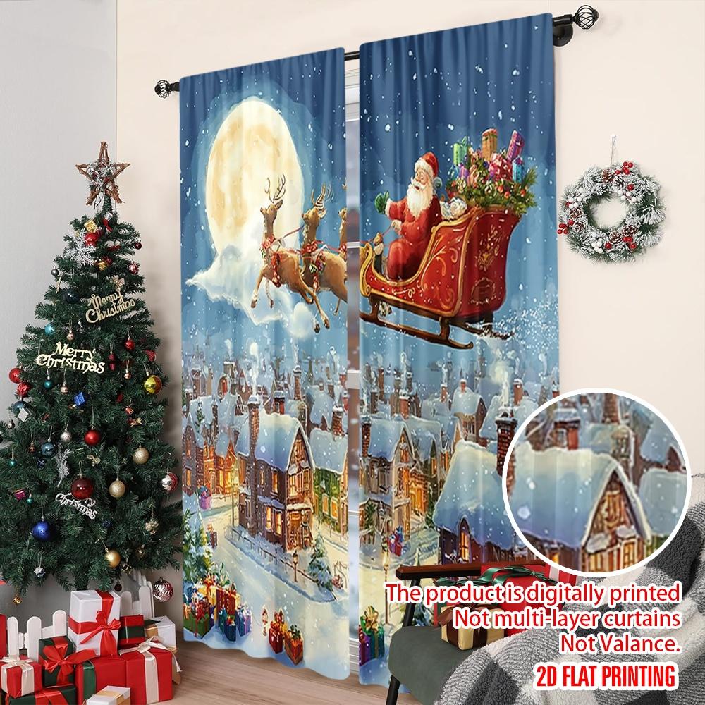 2pcs 2D flat printing Merry Christmas Popular Curtain Christmas Santa Sleigh Town Night 100% Polyester Fabric Without