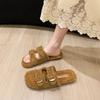 2025 autumn new open-toed double one-word with metal buckle Mao Mao shoes flat-soled fashionable versatile soft-soled women's slippers women