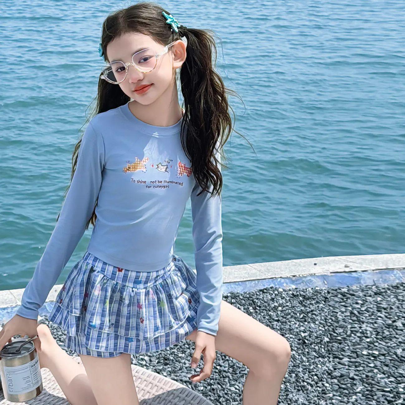 Girls Long Sleeve Rash Guard Swimsuit Set Two Piece Shorts Swimwear Summer Sun Protection For Big Kids 120
