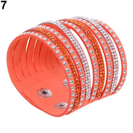 Women's Multilayer Wrap Rivet Rhinestone Suede Cuff Bangle Wristband Bracelet ADM