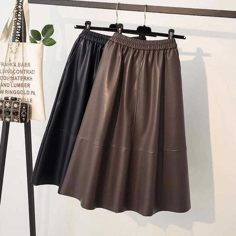 High-Waisted Coffee PU Leather A-Line Skirt - Autumn/Winter 2025 Mid-Length Slimming Pencil Design