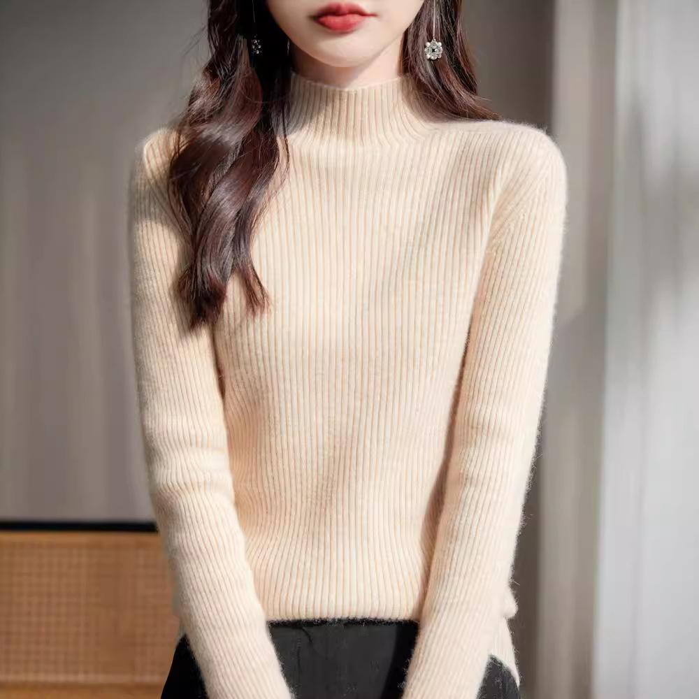 Maglione a collo alto a metà, tinta unita ispessito, pullover aderente, maglia a costine sottile per autunno e inverno, maglia di base