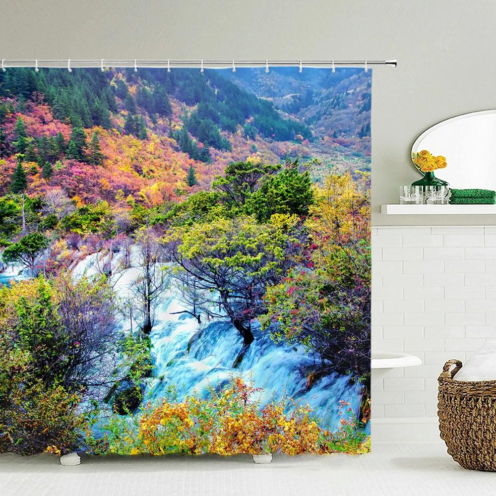 Green Scenery Shower Curtain with Hooks, Waterproof Bathroom Partition, Weighted Bottom Reinforced Eyelets & Easy To Clean
