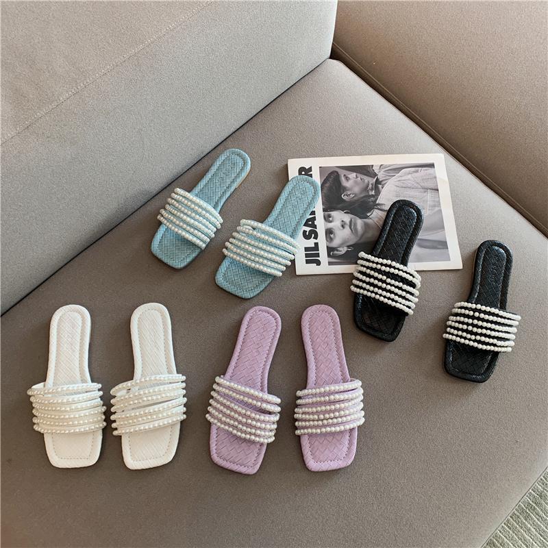 Fashion Sandals Flat Pearl Open Toe Shoes for Women 2025 Luxury Top Designs Woman Slippers Easy Wears Small Size Korea Style Eva Slides
