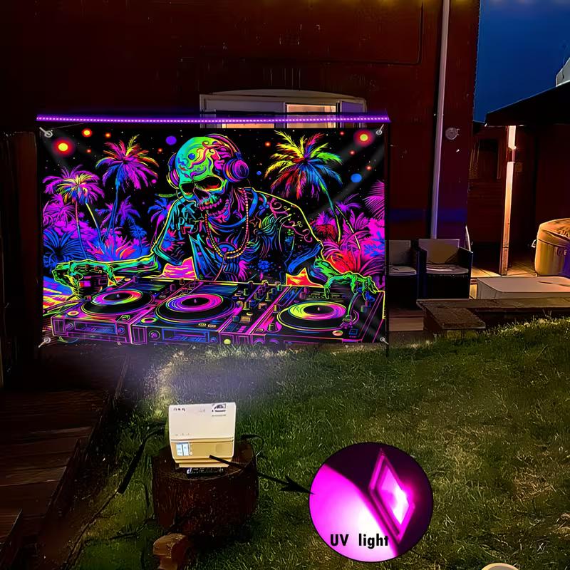 Glow in The Dark Skull DJ Tapestry, Blacklight Party Wall Art with Neon Palm Trees for Bedroom & Club