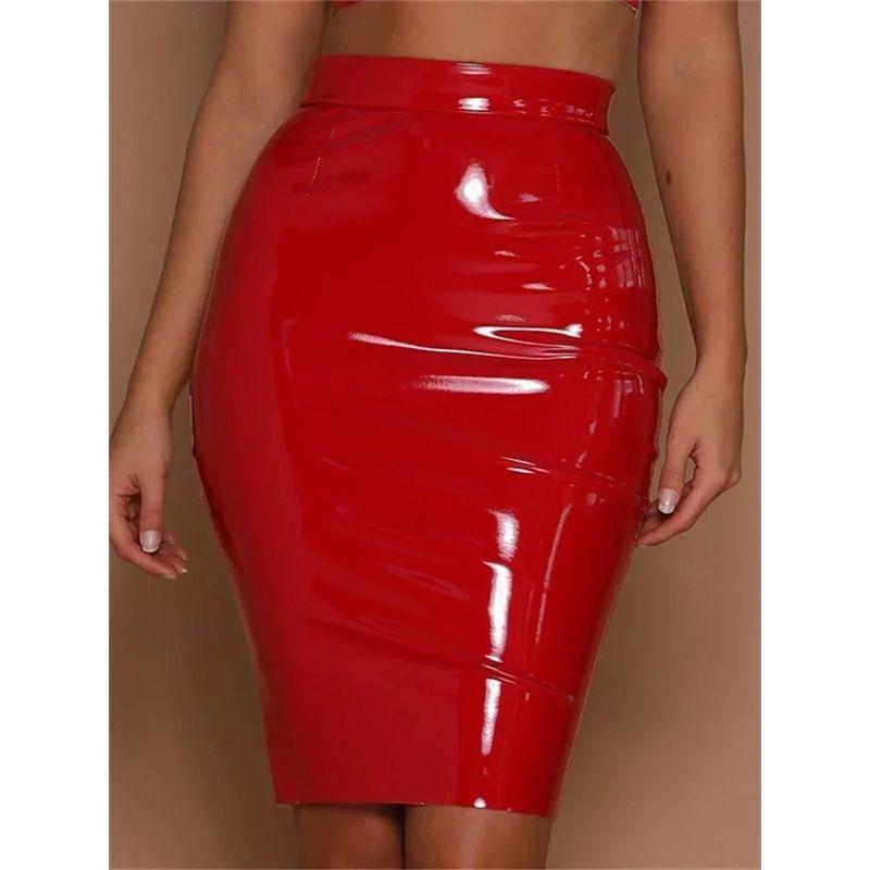 

Shiny Leather Waist Bag and Hip Skirt Pure Color Glossy Leather Waist Bodycon Dress 2175 Red XL