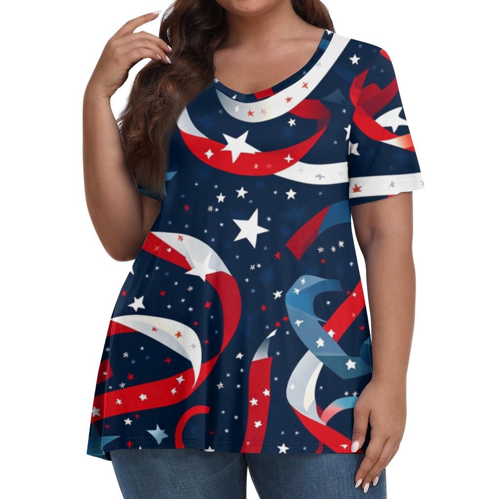 Women's Fashion Casual V-Neck Pullover Short Sleeve Large Size Independence Day Printed T-Shirt Top