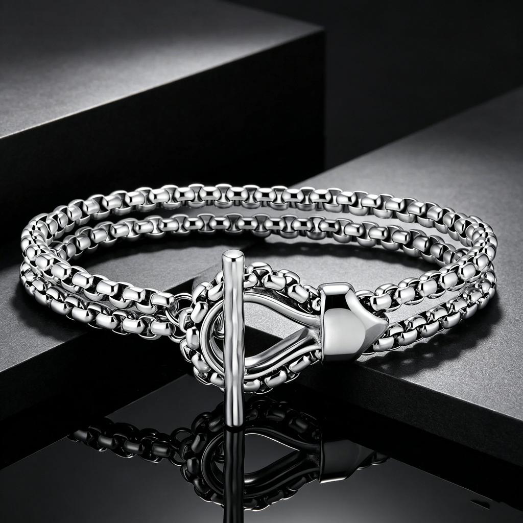 Punk Non Fading Double Layer Square Chain OT Buckle Chunky Bracelet for Men, Waterproof Stainless Steel Fashion Jewelry Gift