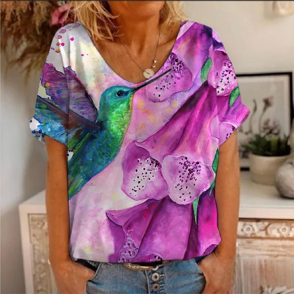 Nová zvířecí ptáčí 3D potisk kolibřík dámská trička s krátkým rukávem s výstřihem do V Y2K trička oversized Harajuku trička dámské oblečení