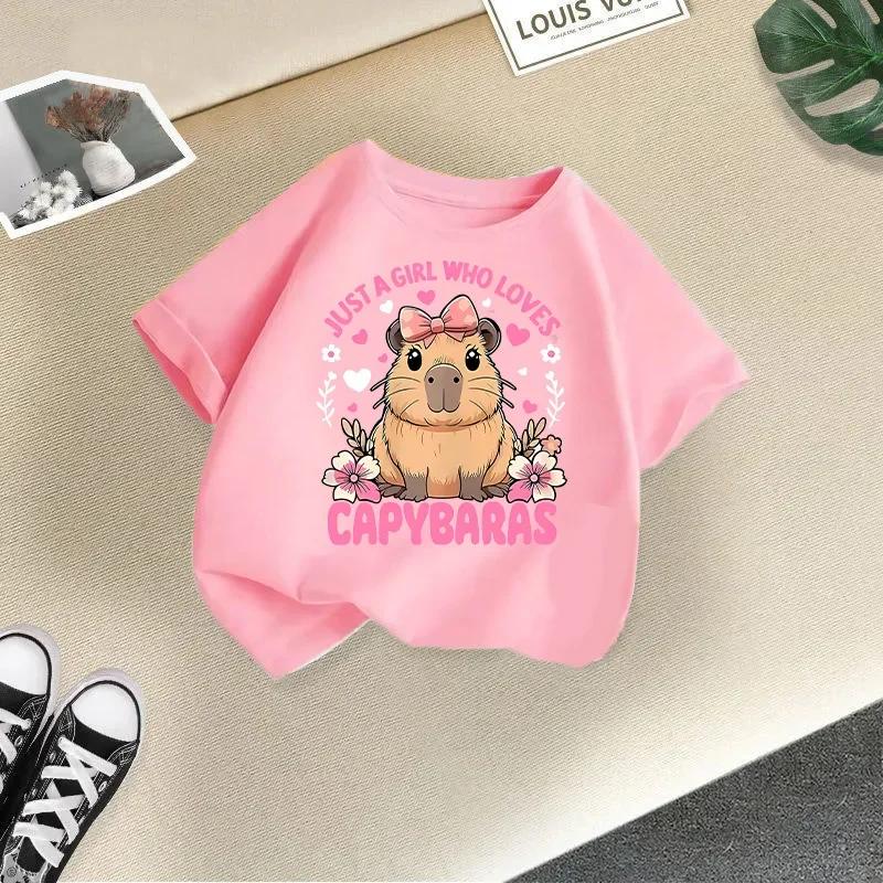 Summer Girls' Short-Sleeved T-shirt Children's round Neck Loose Fit Cute Stylish Capybara Print Casual Top for Kids Modal