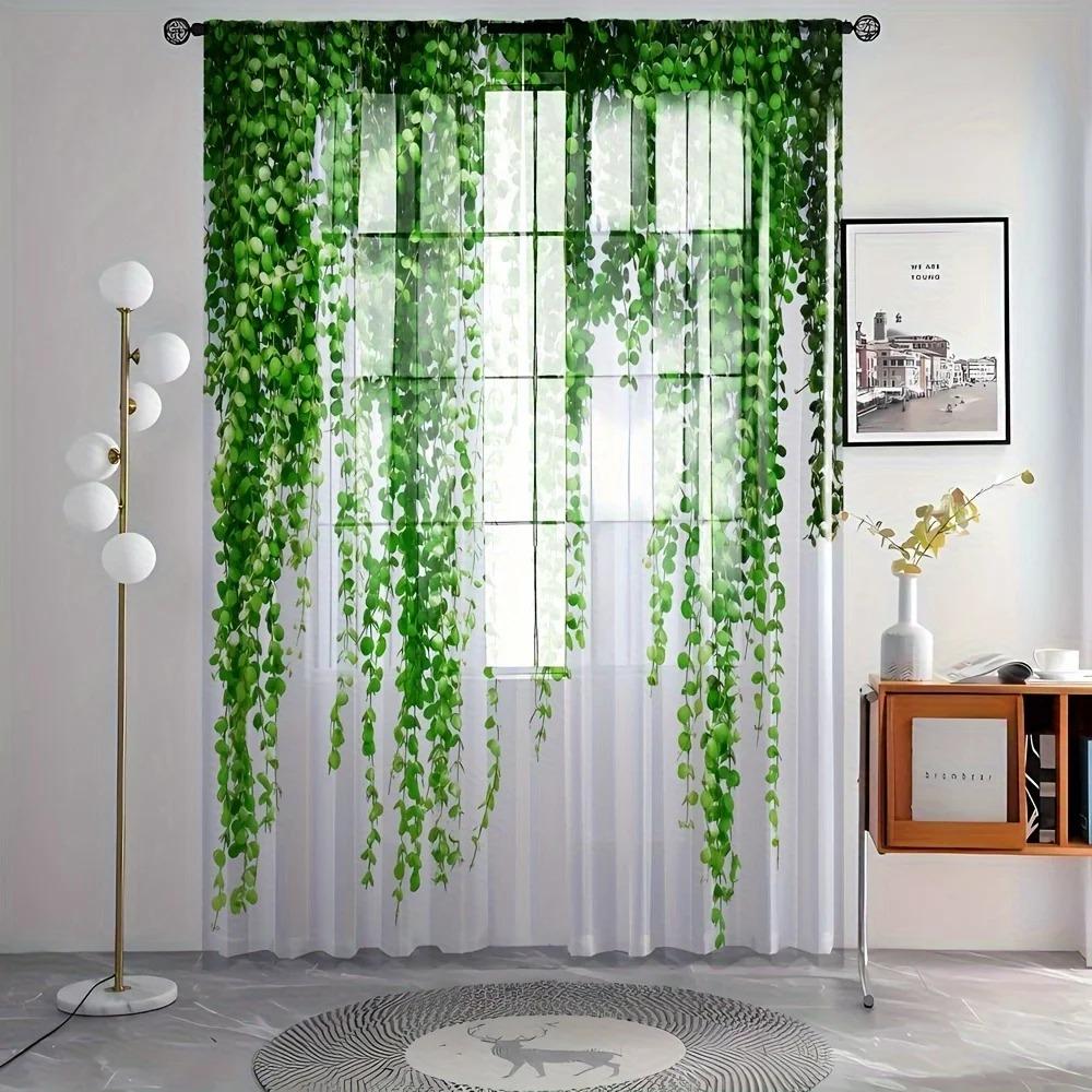 2pcs Greenery Vine Pattern Sheer Curtains Rod Pocket Window Drapes Window Treatments For Bedroom Living Room Home Decoration