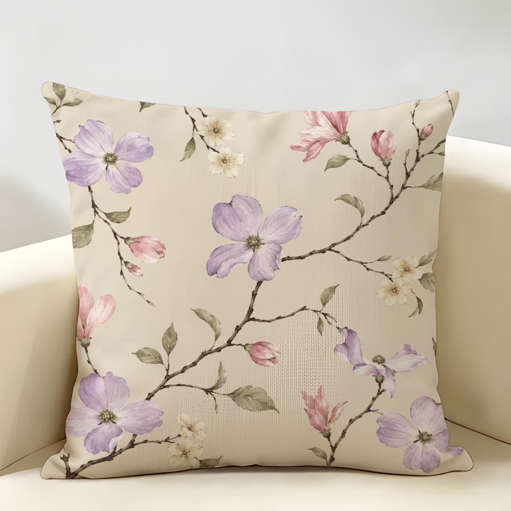Soft Watercolor Flower Branches Cushion Cover Durable Hypoallergenic Organic Linen Short Pillow Cover Washable